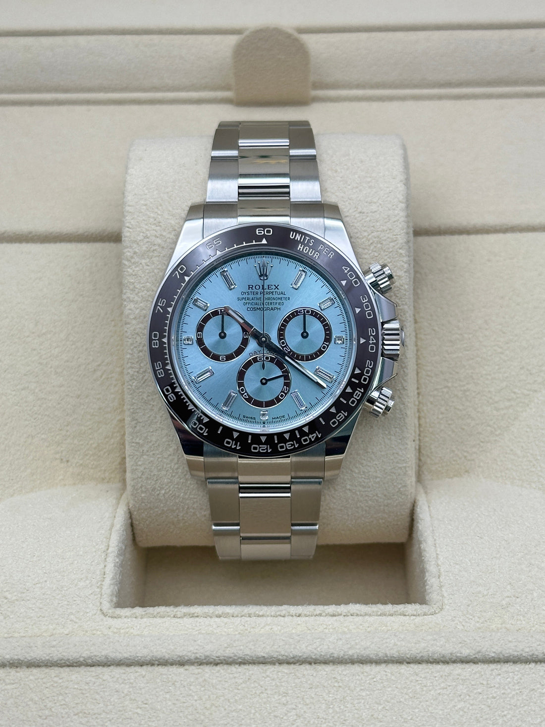 Rolex Daytona 126506, 2024, ice blue baguette dial, Oyster bracelet