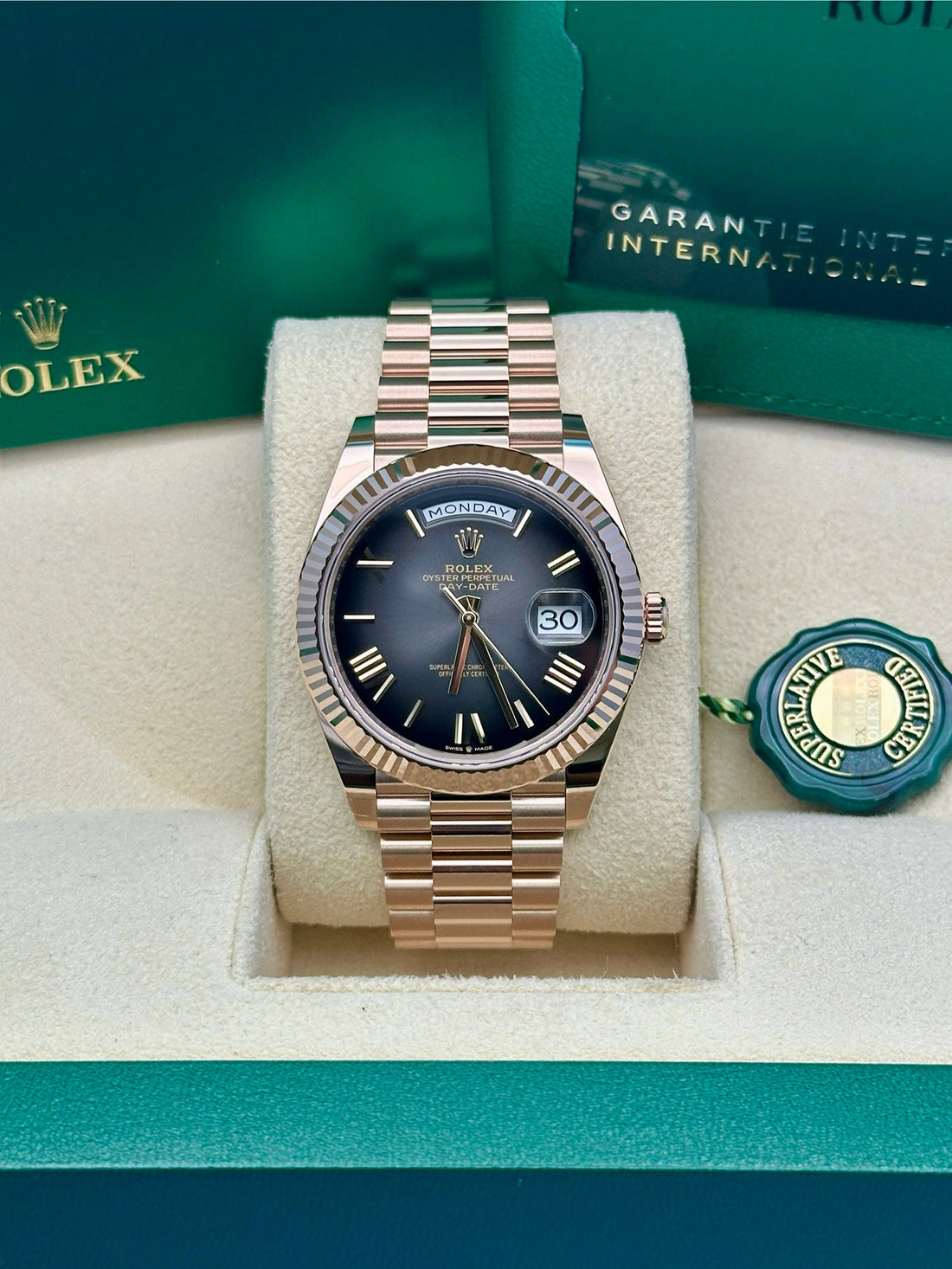 Rolex Everose Gold Day-Date 40 Watch - Fluted Bezel - Slate Dial - President Bracelet - 228235 slate