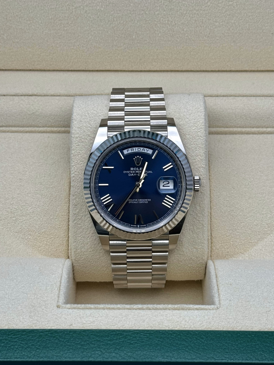 Rolex Day-Date 40 228239, 2024, blue bevelled Roman dial, President bracelet