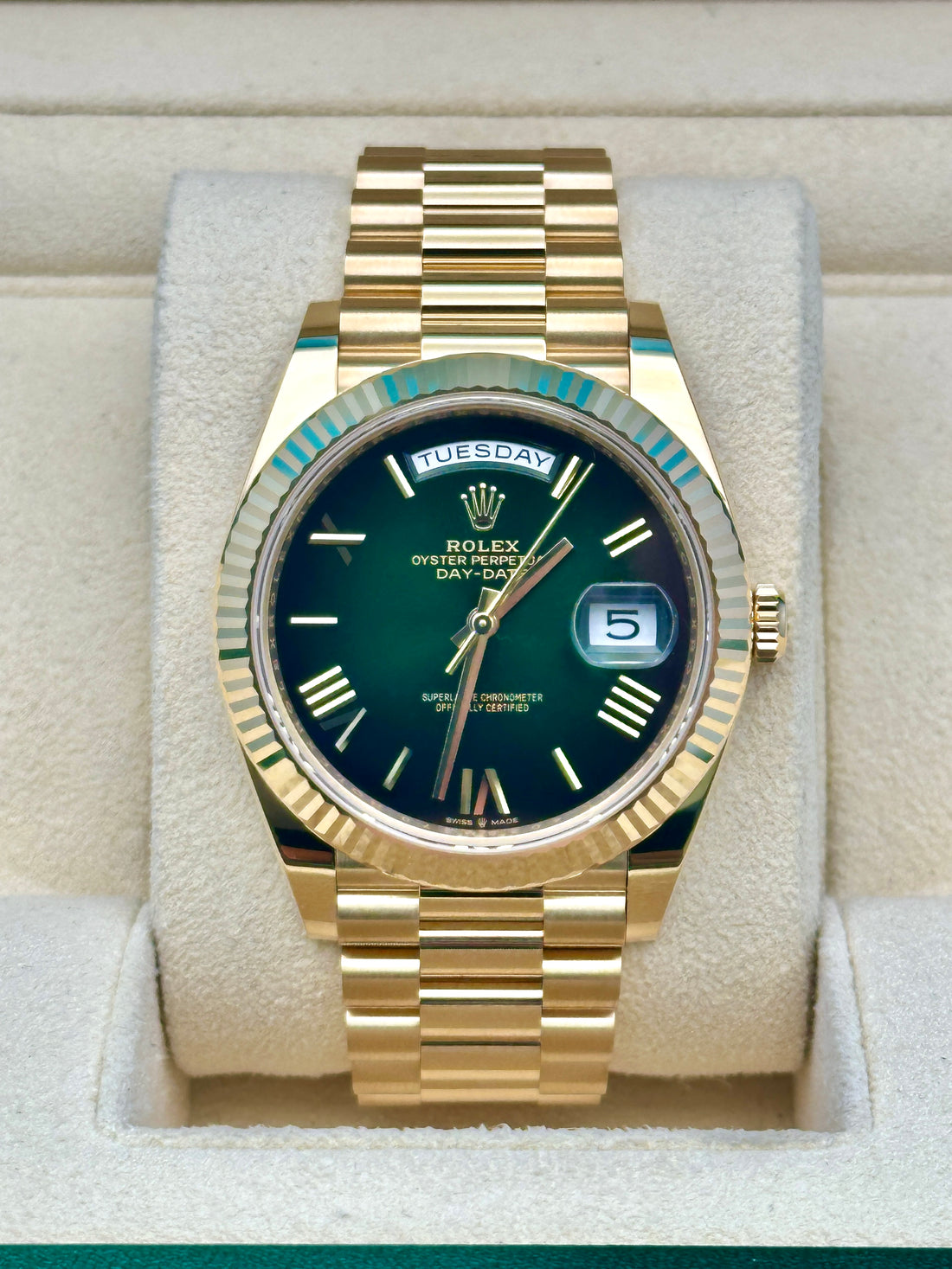 Rolex Day-Date 40 228238, 2024, green ombre dial, President bracelet