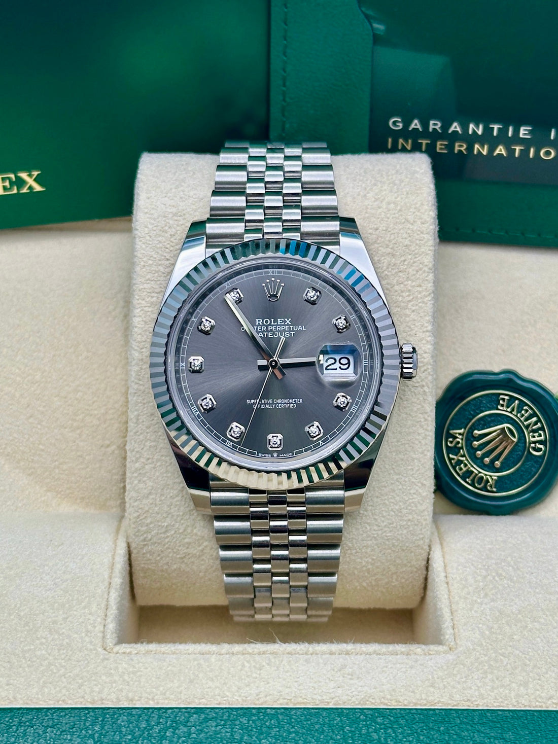 Rolex Datejust 41 126334, 2024, dark rhodium diamond dial, Jubilee bracelet