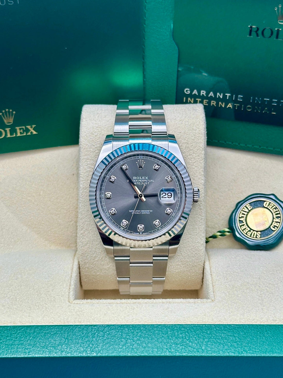 Rolex Steel and White Gold Rolesor Datejust 41 Watch - Fluted Bezel - Dark Rhodium Diamond Dial - Oyster Bracelet - 126334 dkrdo