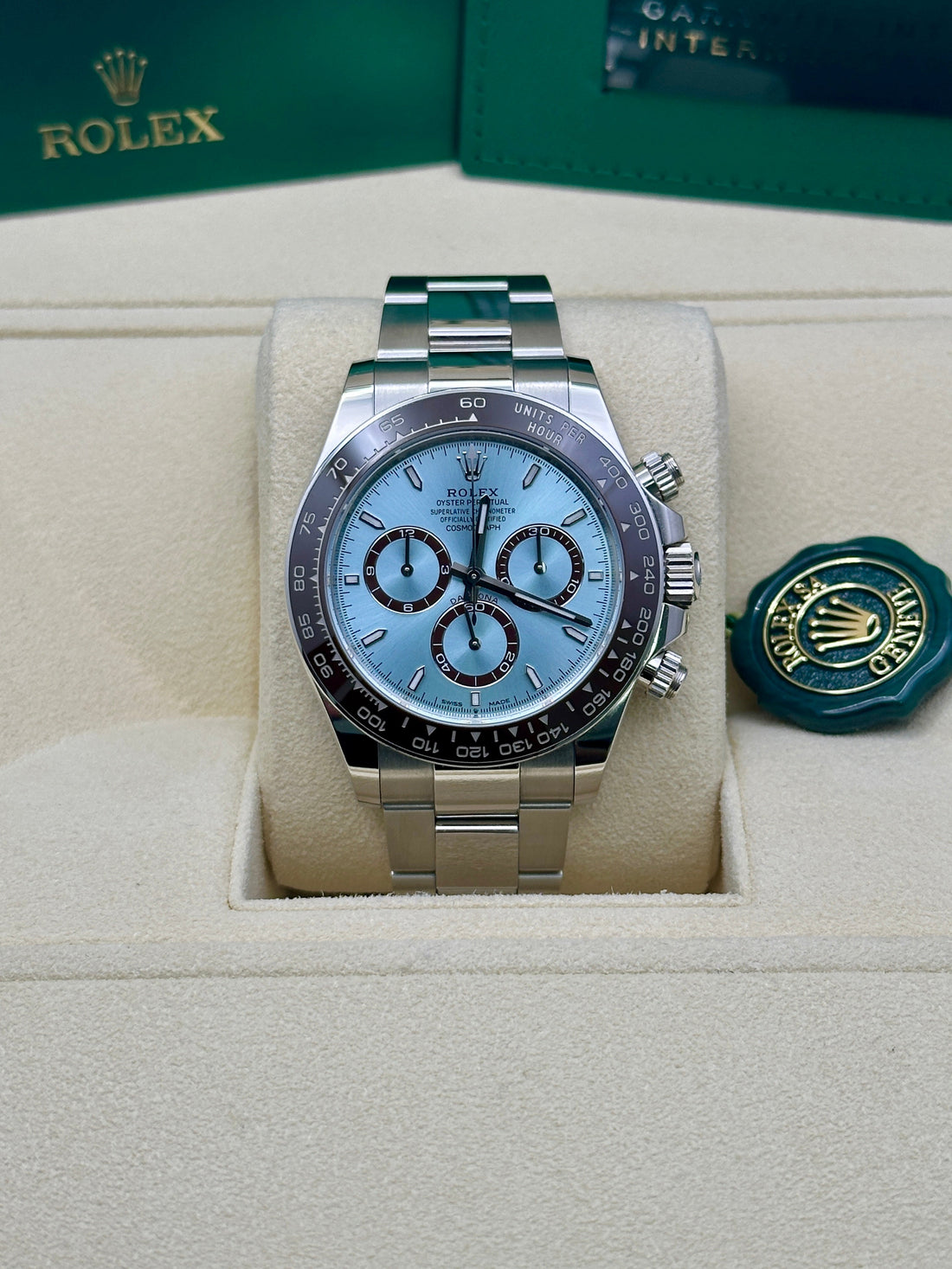 Rolex Platinum Cosmograph Daytona Watch - Chestnut Brown Cerachrom Bezel - Ice Blue Index Dial - Oyster Bracelet - 126506 ibio