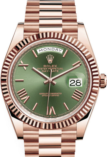 Rolex Everose Gold Day-Date 40 - Olive Green Bevelled Roman Dial - President Bracelet - 228235 ogrp