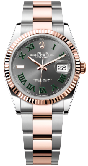Rolex Steel and Everose Rolesor Datejust 36 Watch - Fluted Bezel - Wimbledon Dial - Oyster Bracelet - 126231