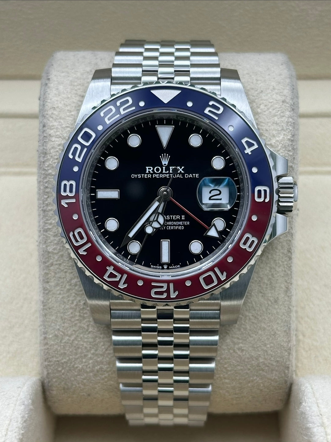 Rolex GMT-Master II Pepsi 126710BLRO with black dial and Jubilee bracelet