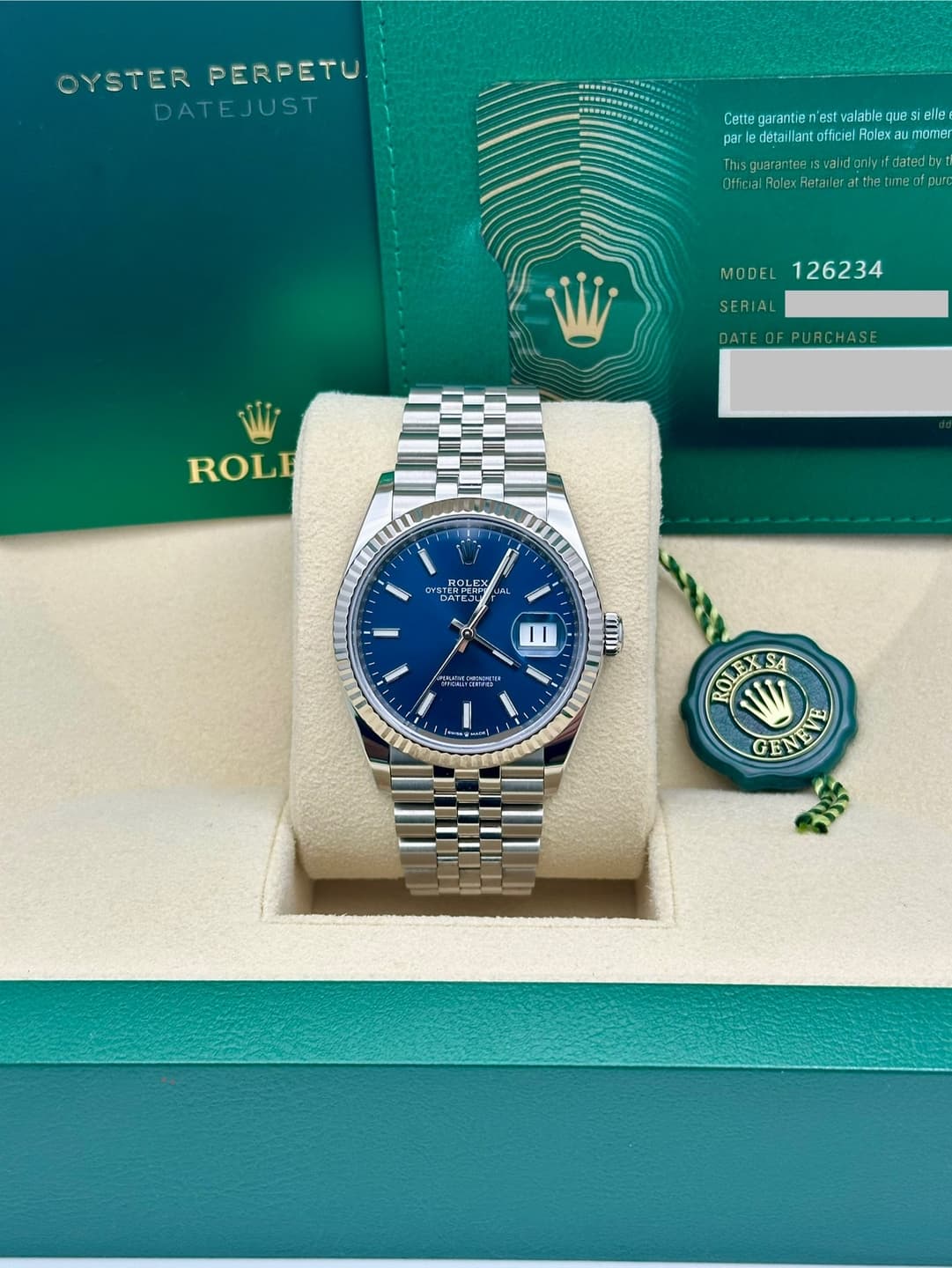 Rolex Steel Datejust 36  - Blue Index Dial - Jubilee Bracelet - 126234 blij