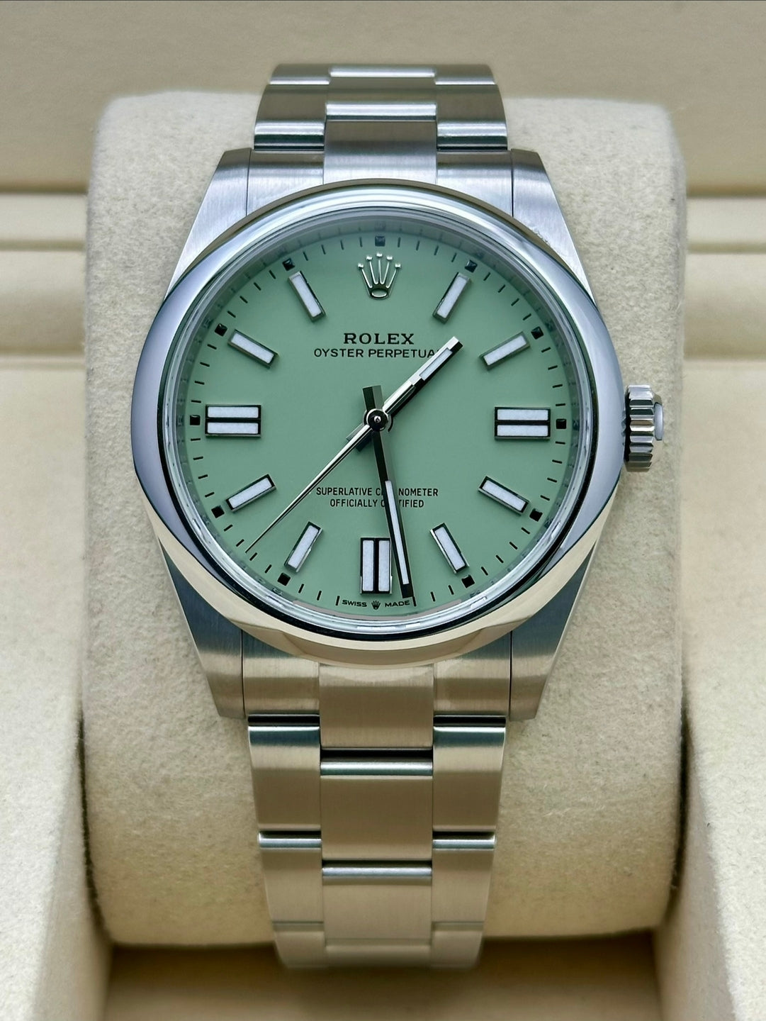 Rolex Oyster Perpetual 134300, 2026, pistachio dial, Oyster bracelet