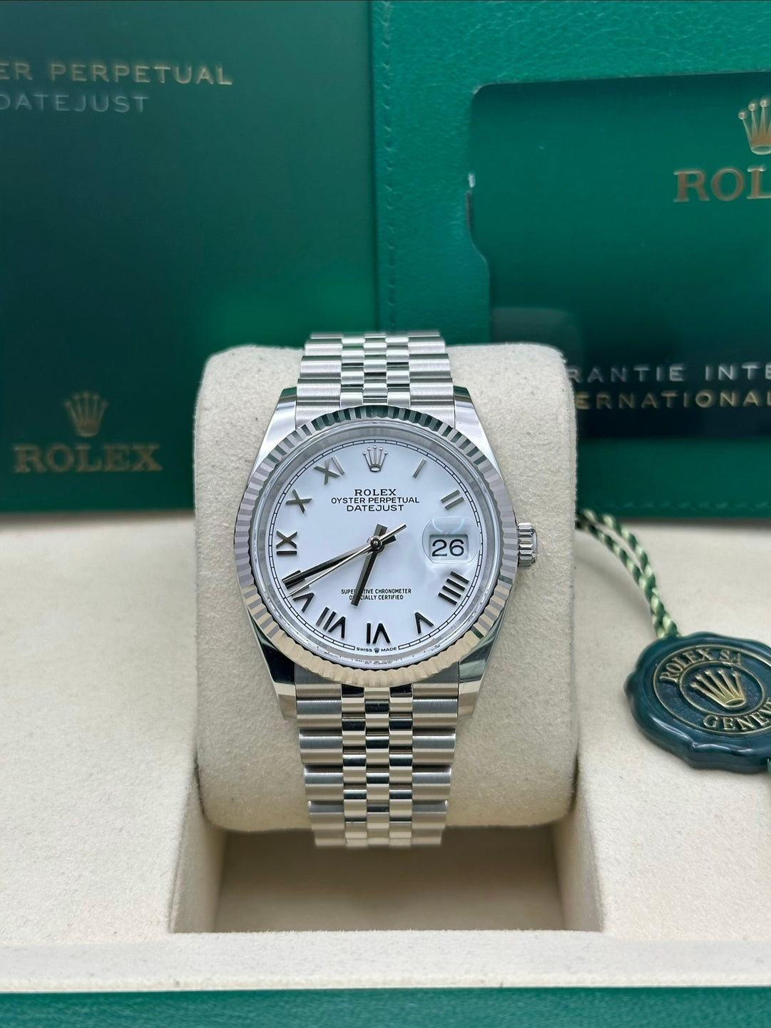Rolex Datejust 36 126234, 2025, white Roman dial, Jubilee bracelet