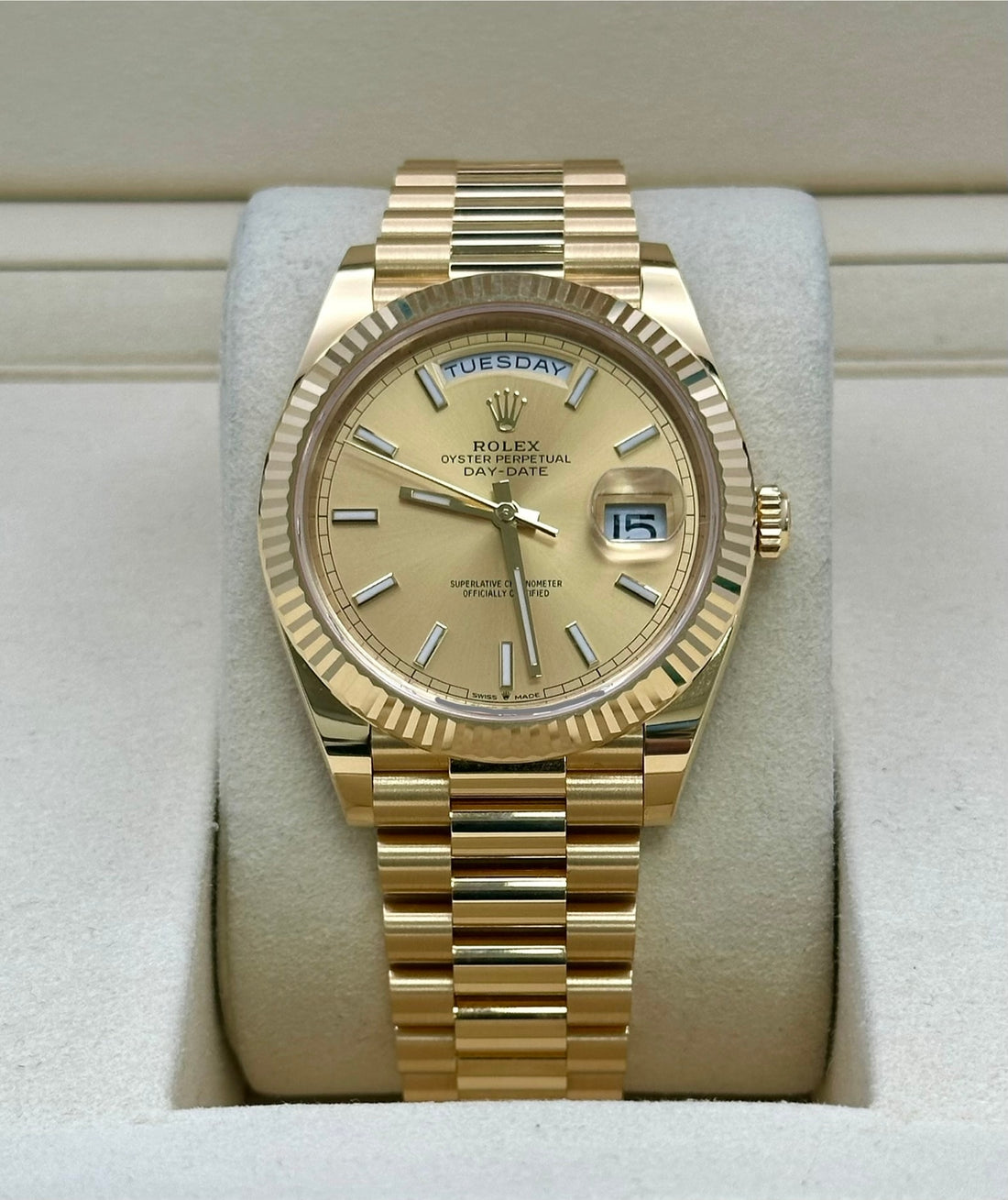 Rolex Day-Date 228238, 2026, champagne dial, President bracelet