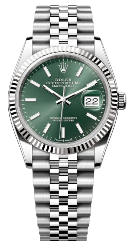 Rolex White Rolesor Datejust 36 Watch - Fluted Bezel - Mint Green Index Dial - Jubilee Bracelet - 126234