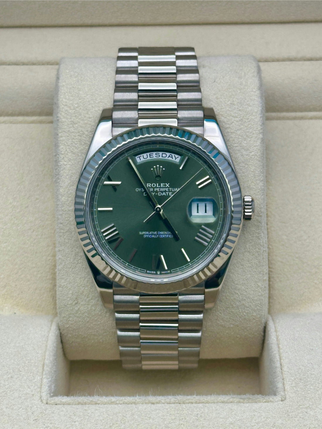Rolex Day-Date 40 228239, 2024, olive green bevelled Roman dial, President bracelet