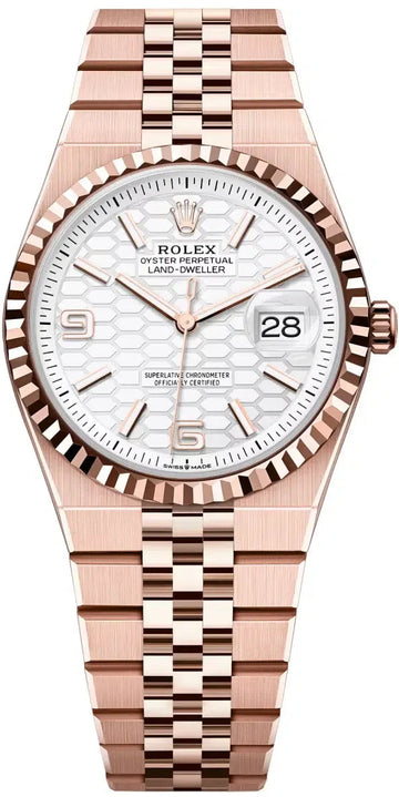 Rolex Land-Dweller 36 Everose Gold Intense White Honeycomb Motif Dial Fluted Bezel Flat Jubilee Bracelet 127235 - 2025