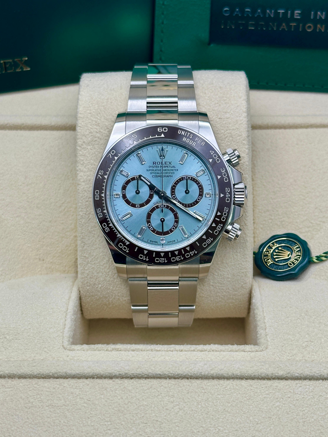 Rolex Platinum Cosmograph Daytona Watch - Chestnut Brown Cerachrom Bezel - Ice Blue Baguette Dial - Oyster Bracelet - 126506 icebag