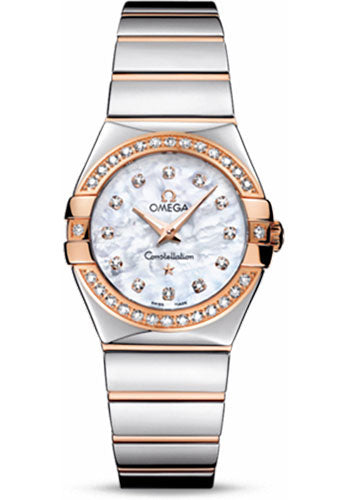 Omega Ladies Constellation Polished Quartz Watch - 27 mm Polished Steel And Red Gold Case - Diamond Bezel - Mother-Of-Pearl Diamond Dial - Steel And Red Gold Bracelet - 123.25.27.60.55.005