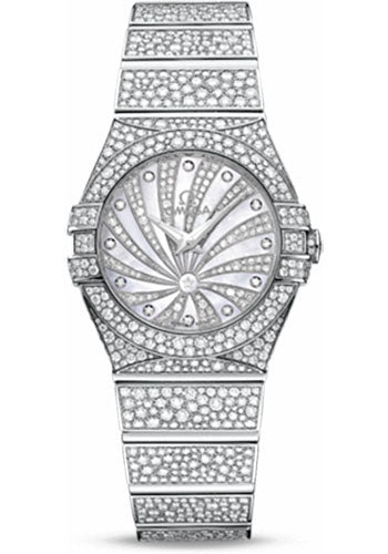 Omega Ladies Constellation Luxury Edition Watch - 27 mm White Gold Case - Snow-Set Diamond Bezel - Mother-Of-Pearl Diamond Dial - 123.55.27.60.55.010