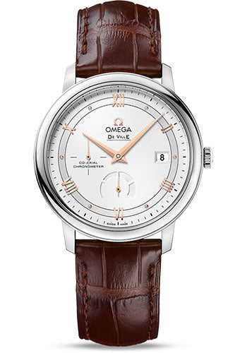 Omega De Ville Prestige Co-Axial Power Reserve Watch - 39.5 mm Steel Case - Silver Dial - Brown Leather Strap - 424.13.40.21.02.002