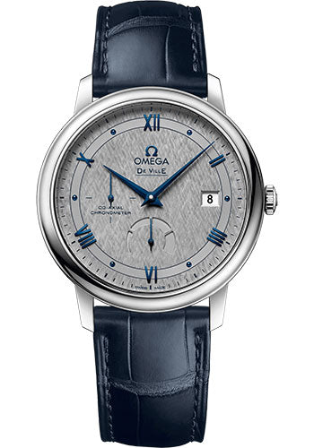 Omega De Ville Prestige Co-Axial Power Reserve Watch - 39.5 mm Steel Case - Grey Dial - Blue Leather Strap - 424.13.40.21.06.002