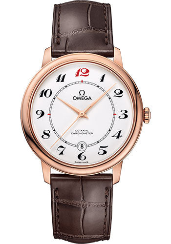 Omega De Ville Prestige Co-Axial De Ville 50th anniversary Watch - 39.5 mm Red Gold Case - White Enamel Dial - Brown Leather Strap - 424.53.40.20.04.004