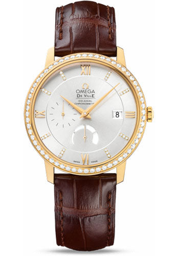 Omega De Ville Prestige Power Reserver Co-Axial Watch - 39.5 mm Yellow Gold Case - Diamond Bezel - Silver Diamond Dial - Brown Leather Strap - 424.58.40.21.52.001